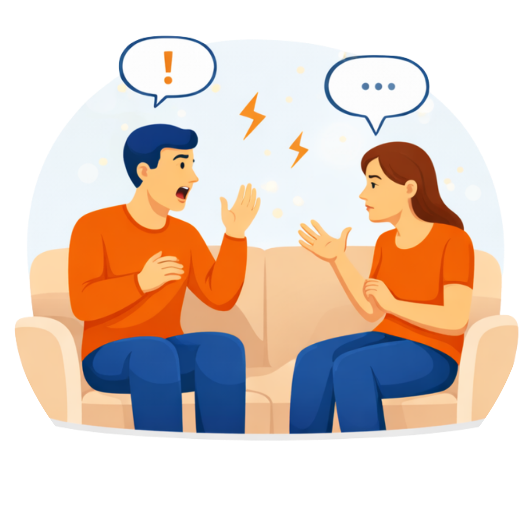 Couple arguing with speech bubbles and tension symbols above them, showing difficulty communicating effectively
