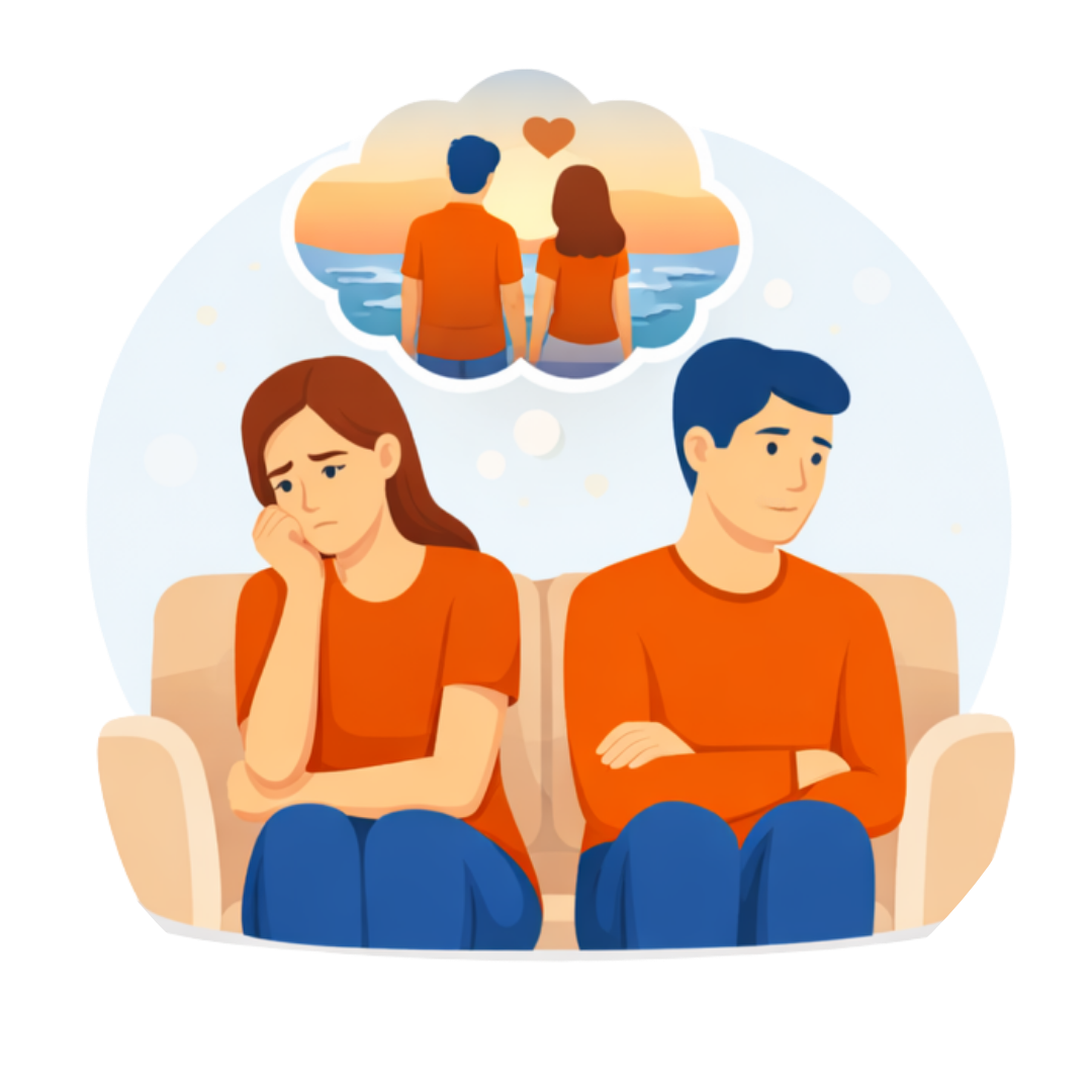 Couple sitting back-to-back looking unhappy, with a thought bubble showing a happier version of their relationship