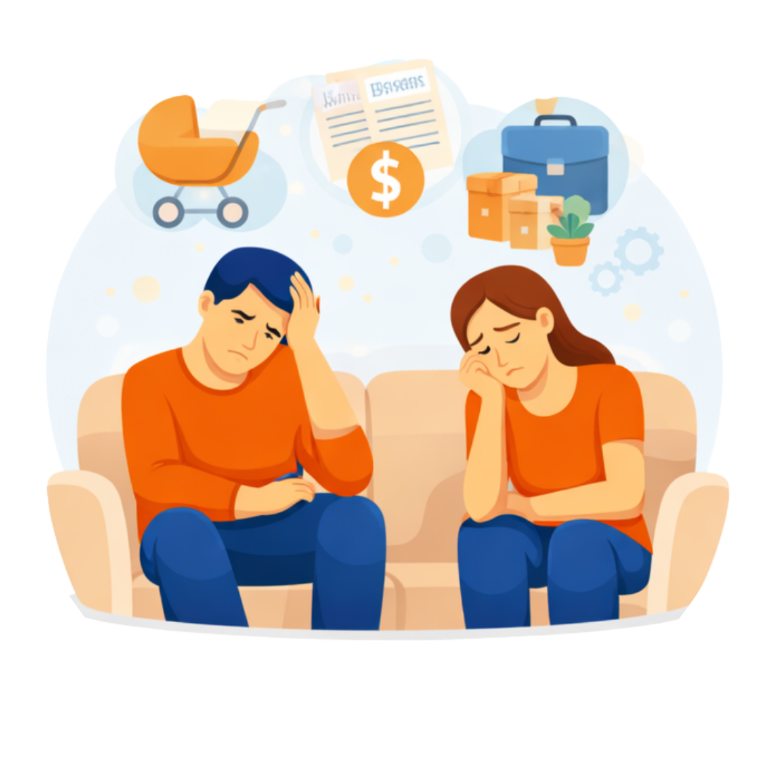 Couple sitting exhausted on a couch with icons of work, money, and family pressures above them, representing external stress affecting the relationship