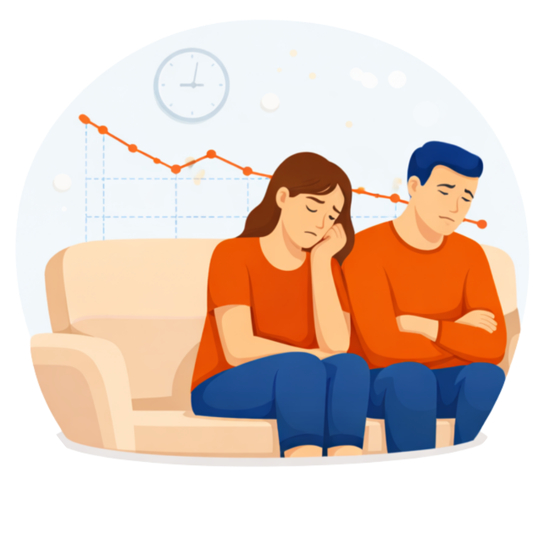 Couple sitting together looking discouraged with a downward trend line behind them, symbolising a relationship not improving