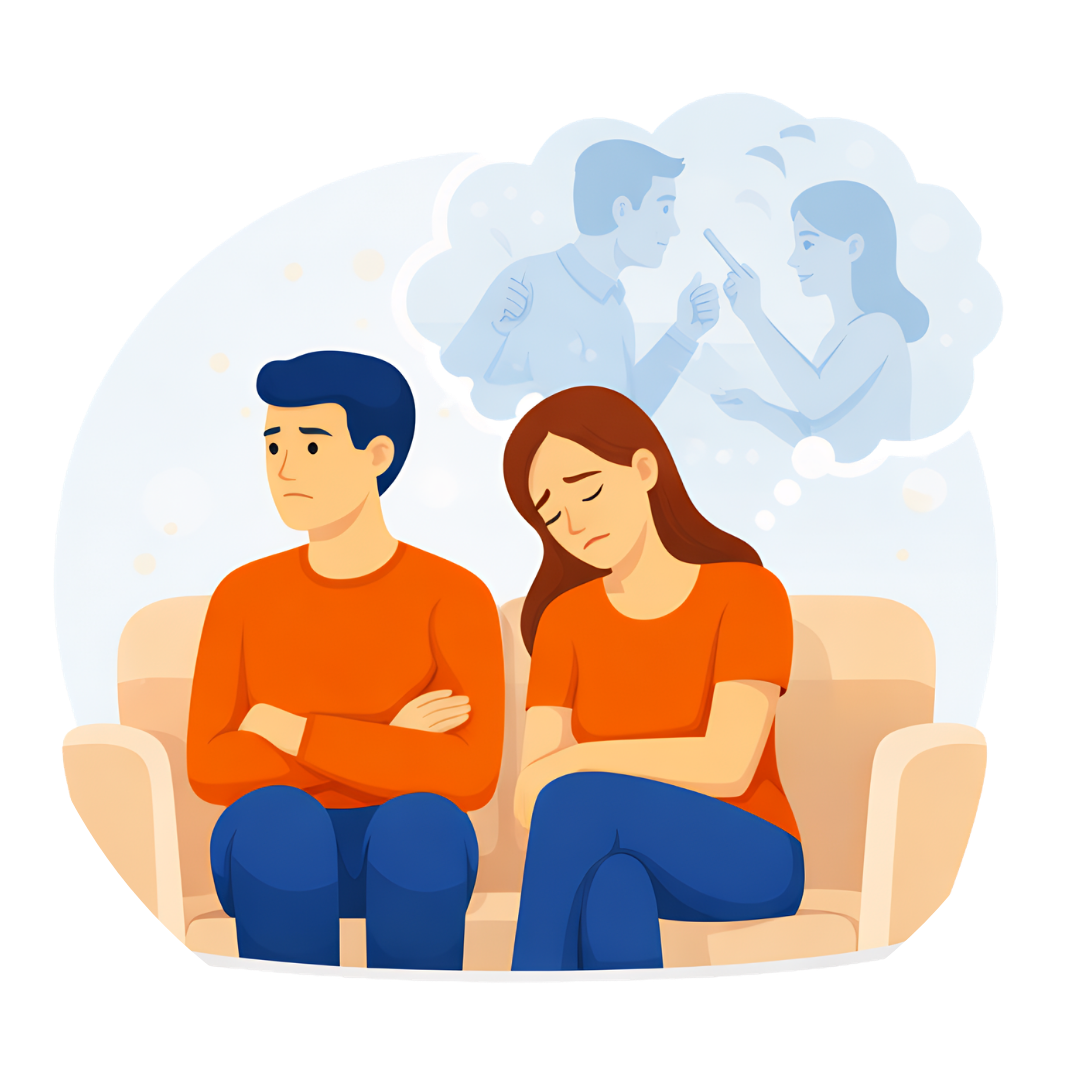 Couple sitting apart while a faded image of past conflict appears behind them, showing the impact of previous relationship patterns