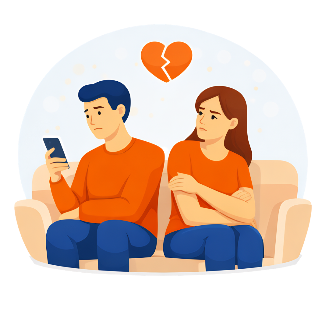 Couple sitting together with one partner looking at a phone and a broken heart symbol above them, representing trust issues