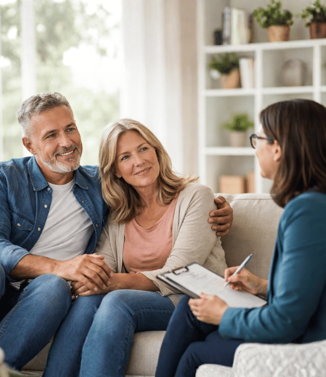 Middle-aged couple sitting together with a therapist during a couples counselling session, showing support, connection, and guidance